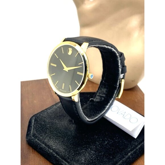 Movado Womens Watch 0607091 Ultra Slim Black Dial Swiss Quartz Gold Leather 35mm main image 9